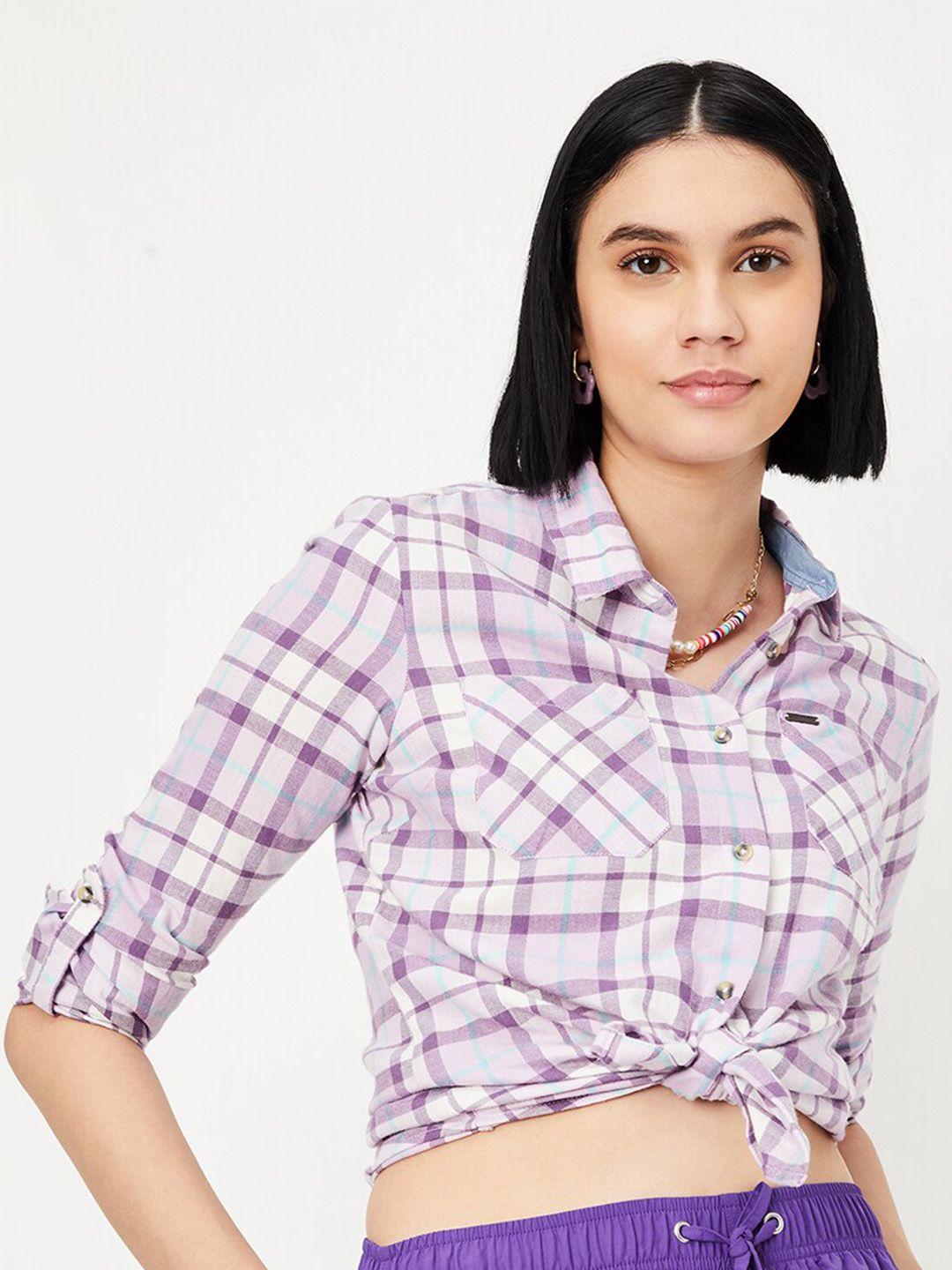 max tartan checked roll-up sleeves pure cotton casual shirt