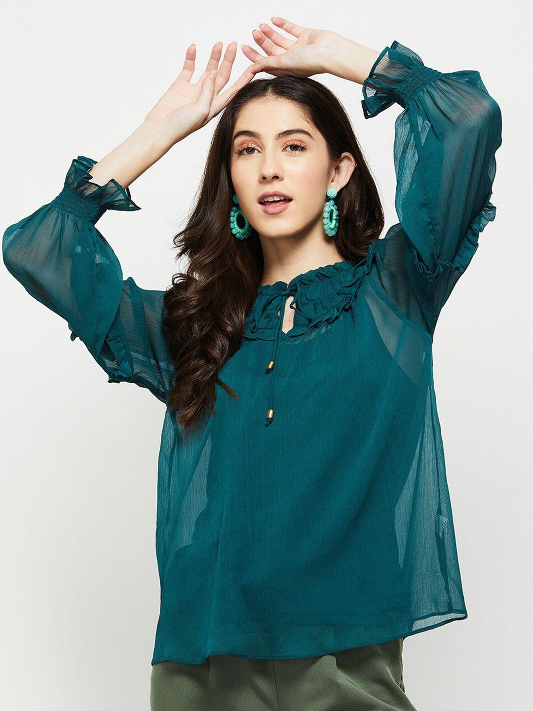 max teal green tie-up neck ruffles top