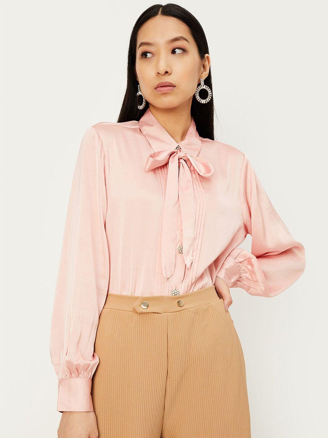 max tie-up neck cuffed sleeves pleated shirt style top