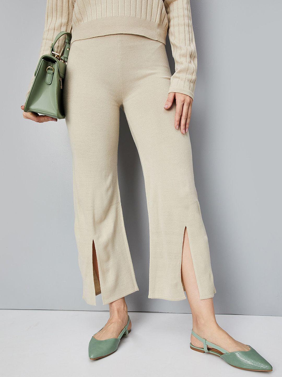 max women acrylic plain flat-front trousers