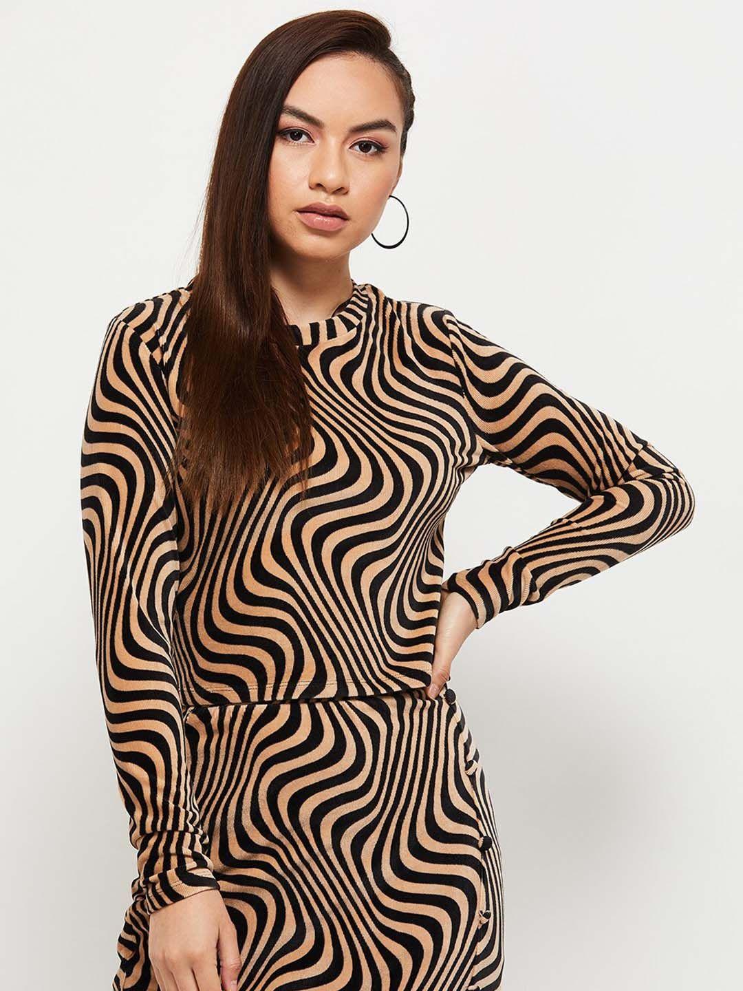 max women beige & black animal printed top