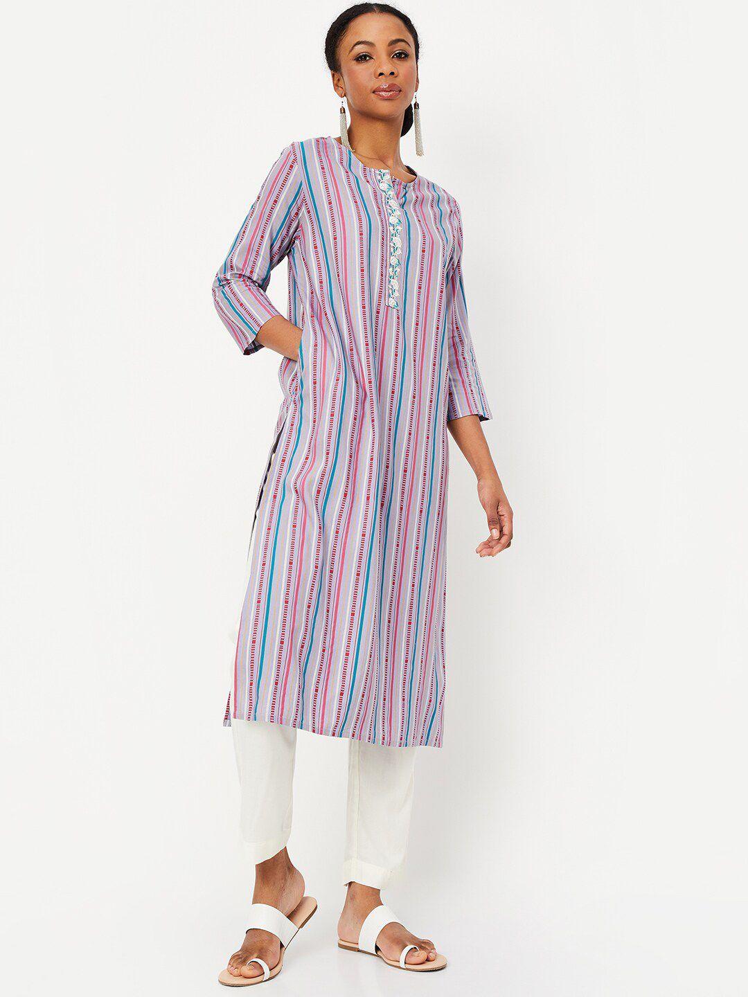 max women beige striped regular kurta with trousers