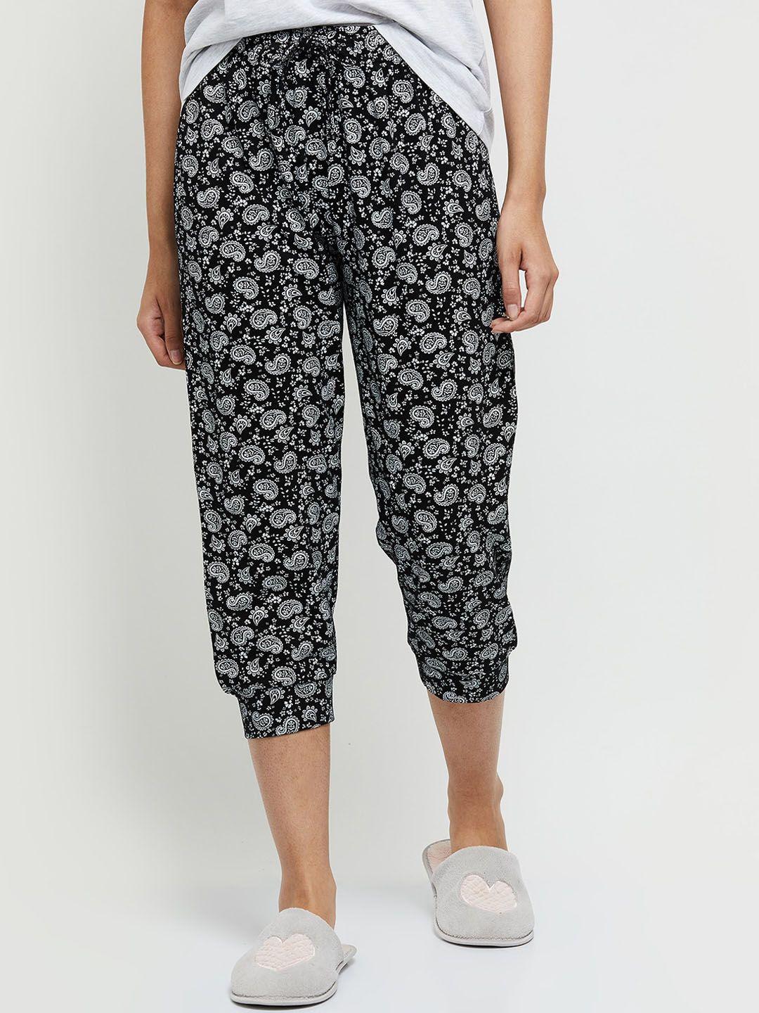 max women black printed cotton lounge capris