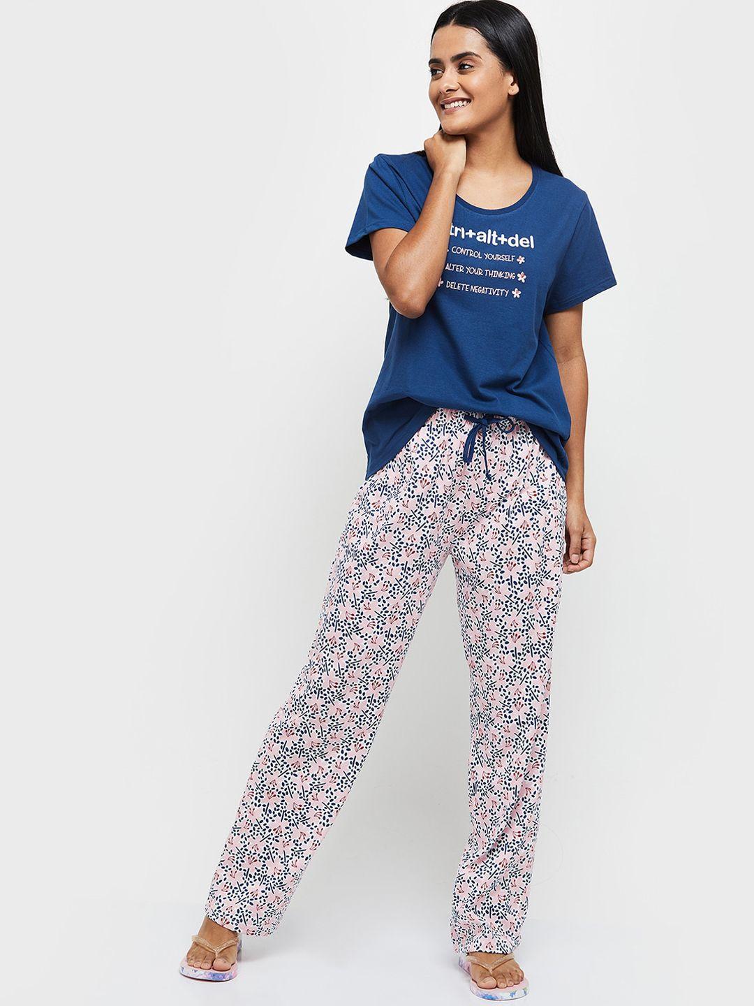 max women blue & white printed cotton night suit