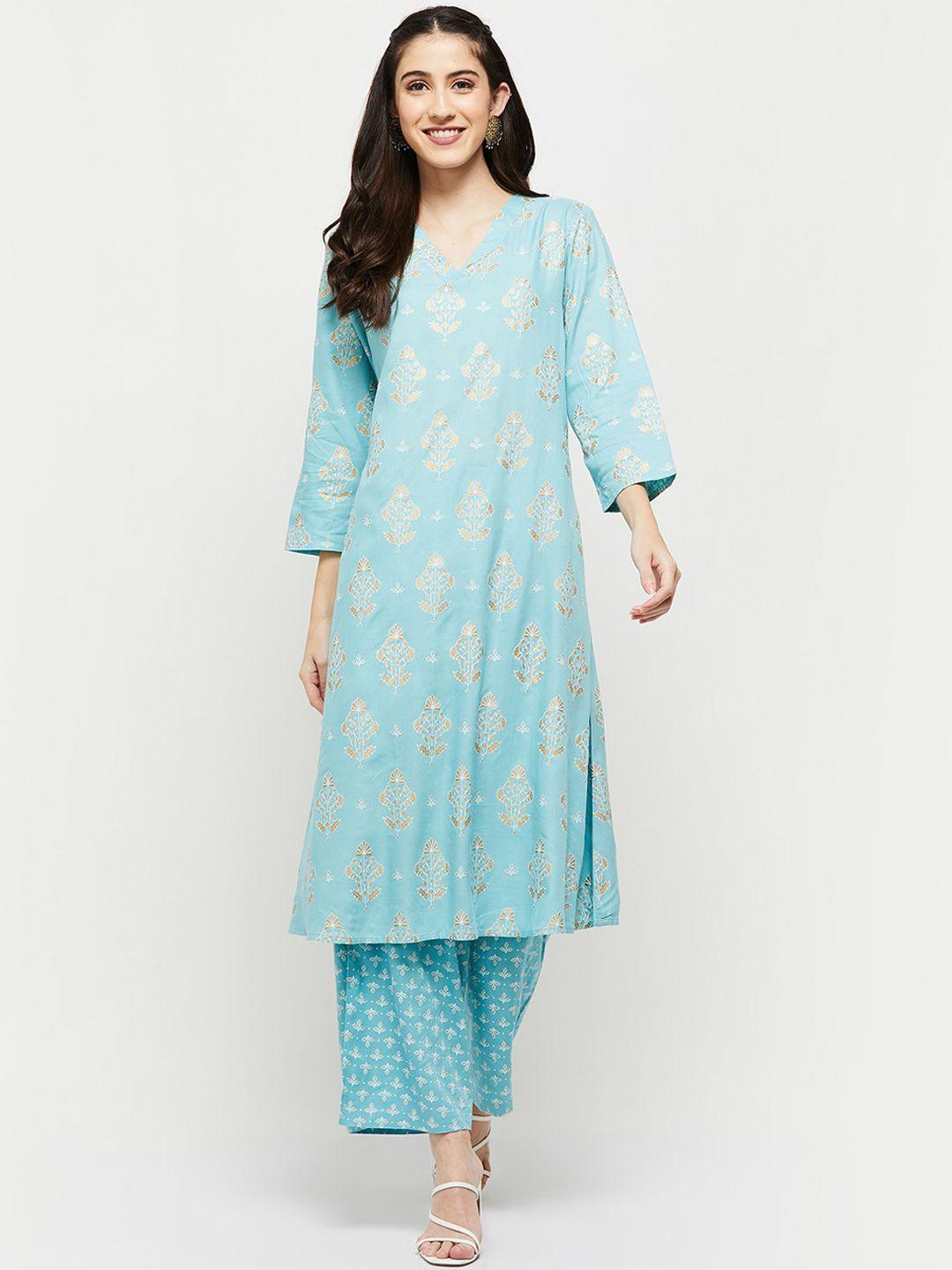 max women blue ethnic motifs printed a-line kurta with palazzos