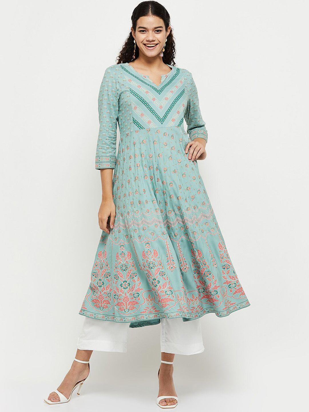 max women blue ethnic motifs printed keyhole neck thread work anarkali kurta