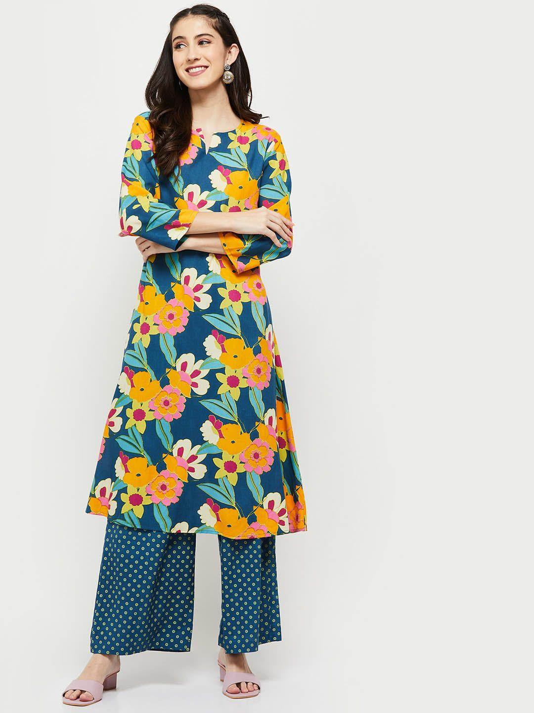 max women blue floral printed kurta with palazzos