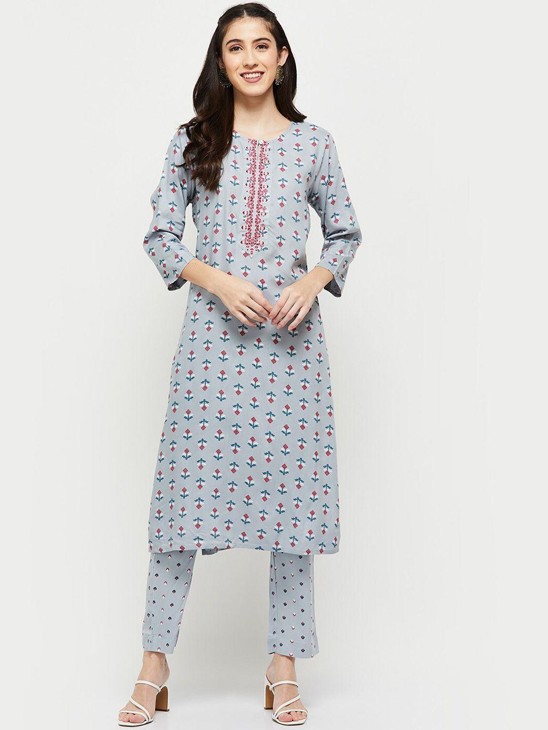 max women blue floral printed kurta with trousers