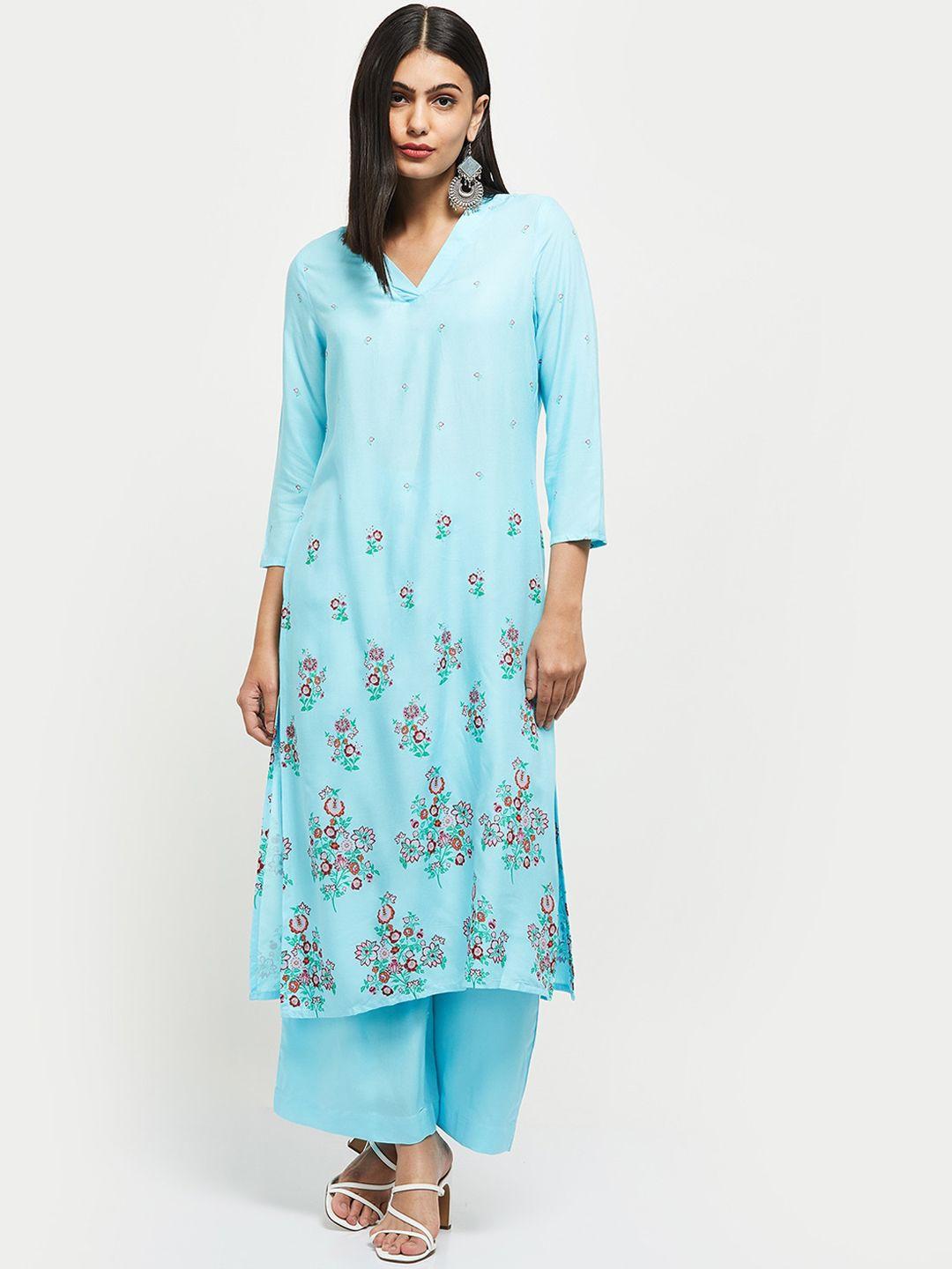 max women blue floral printed panelled kurta with palazzos