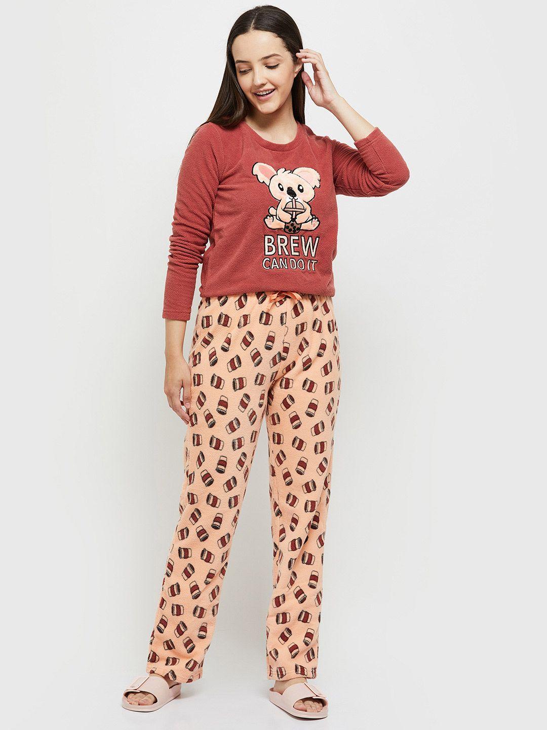 max women brown & red printed night suit