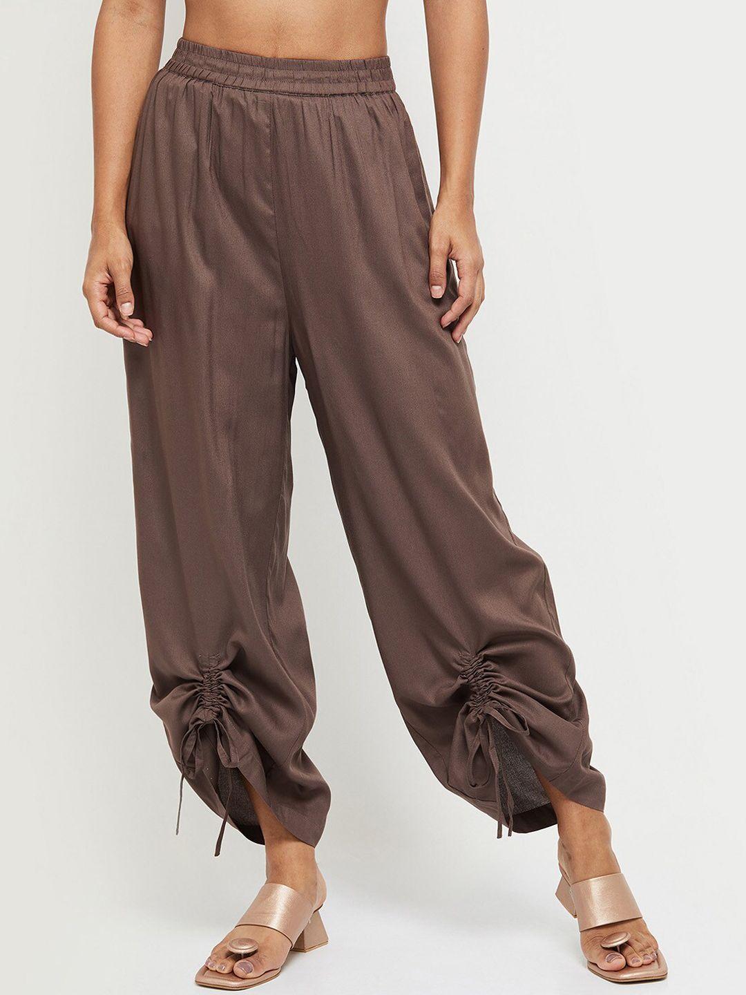 max women brown ethnic palazzos with tie up hem