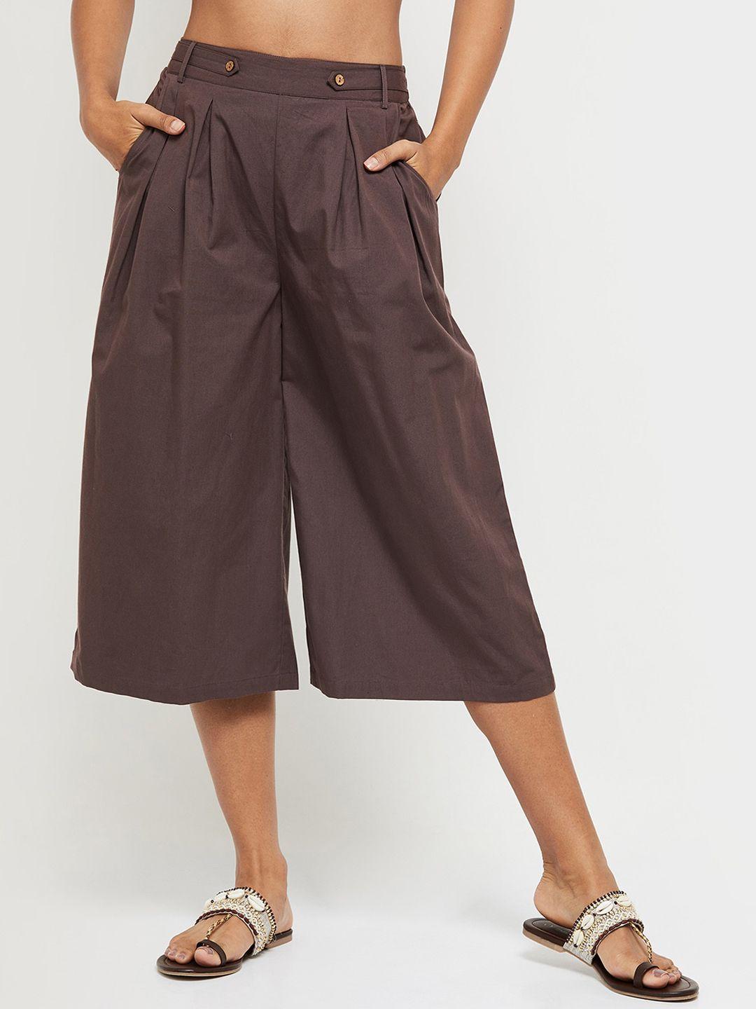 max women brown solid pleated culottes