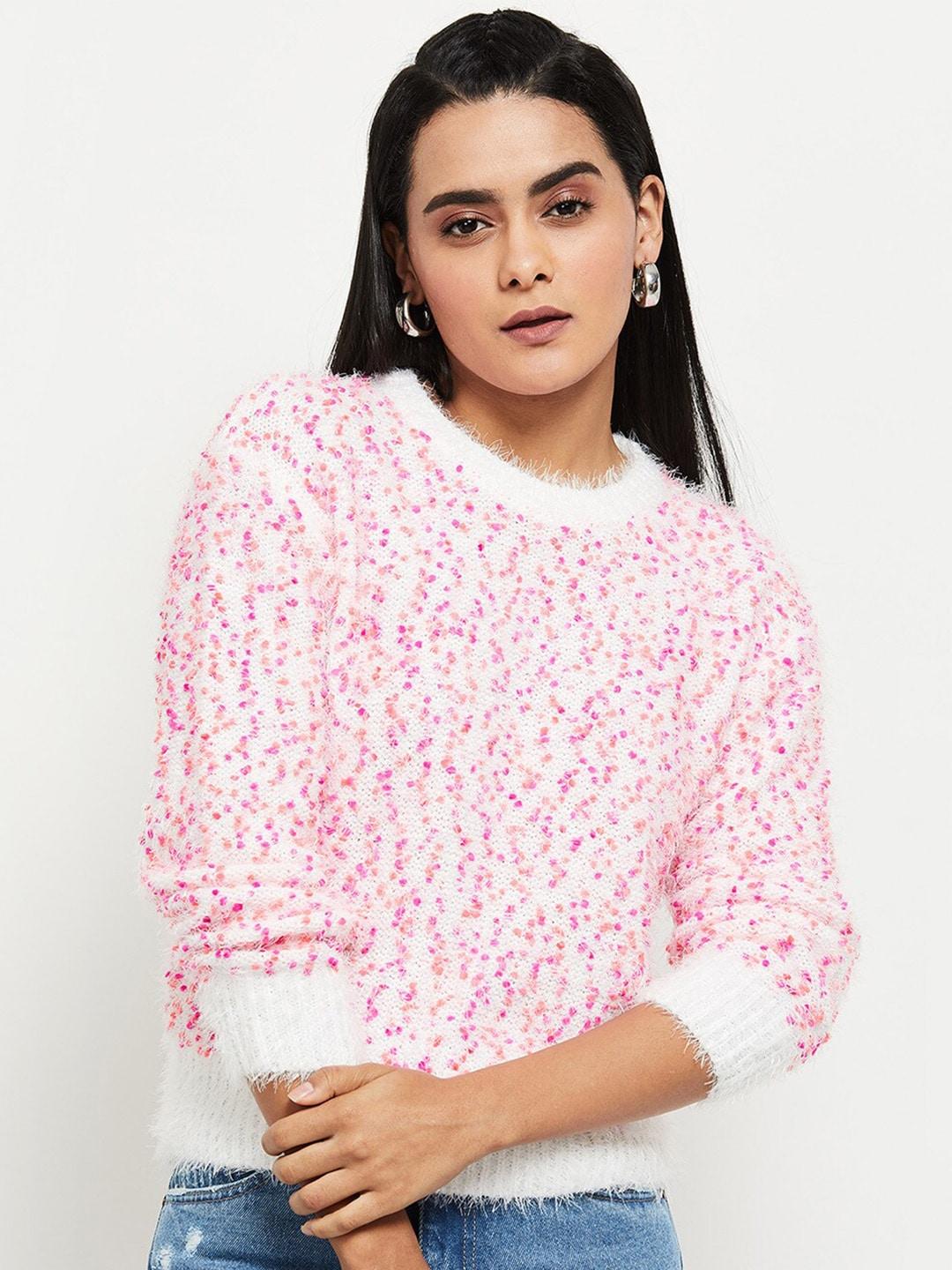 max women cream-coloured & pink boucle pullover