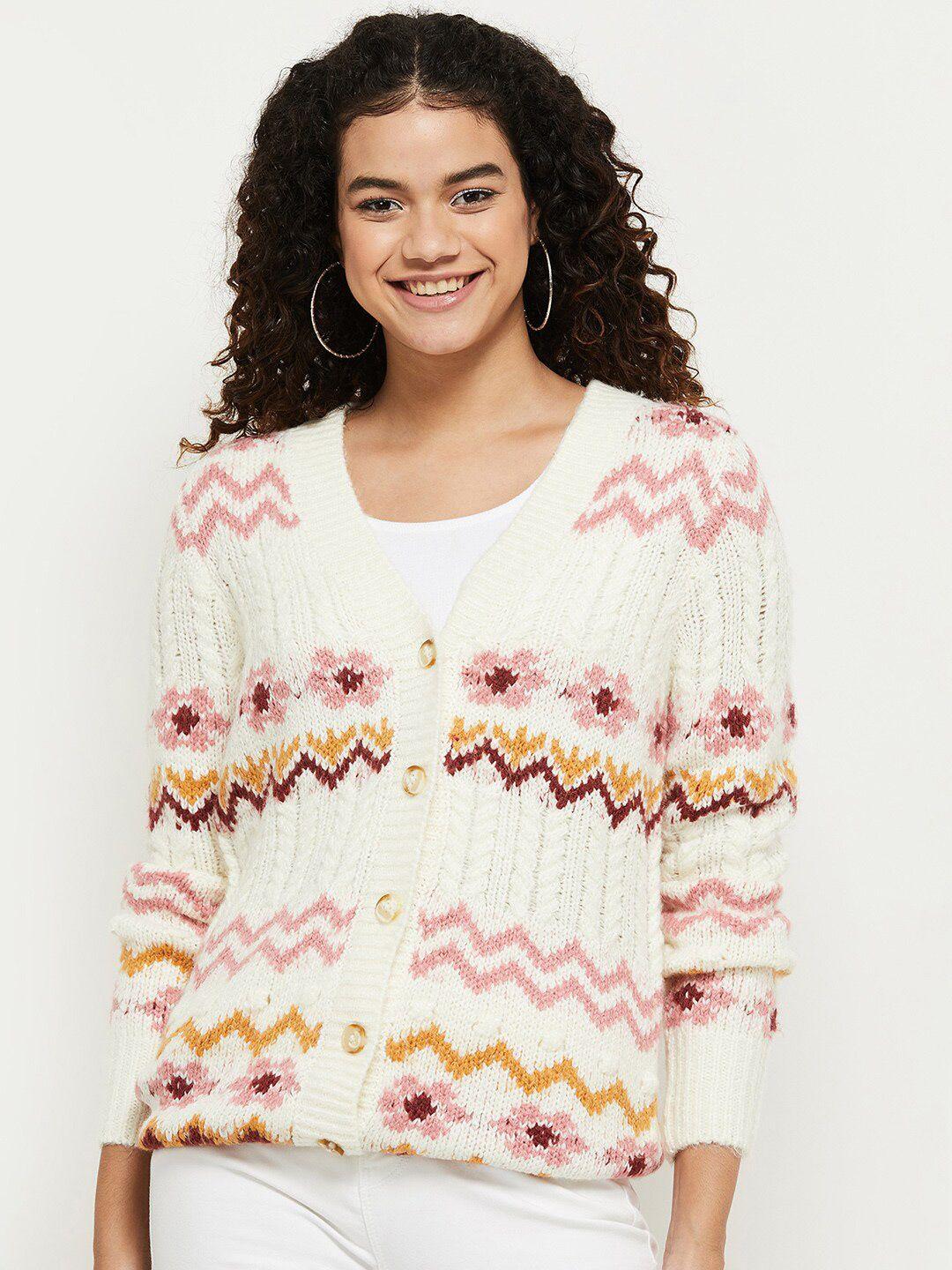 max women cream-coloured & pink floral printed acrylic cardigan