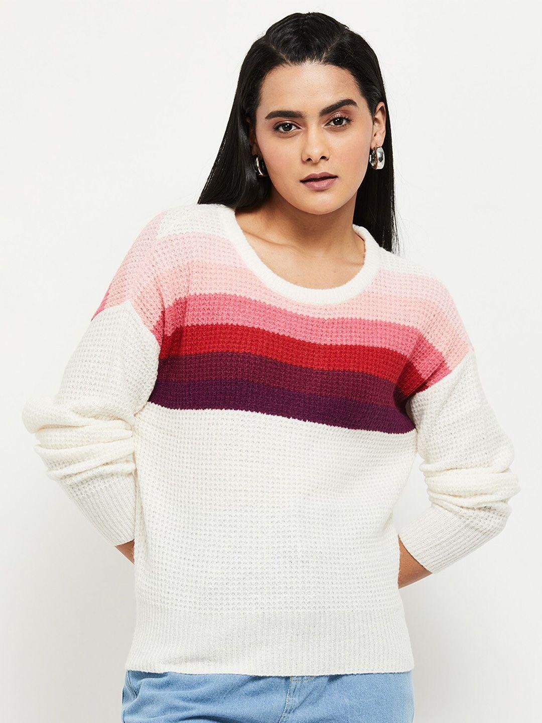 max women cream-coloured & pink striped pullover sweater