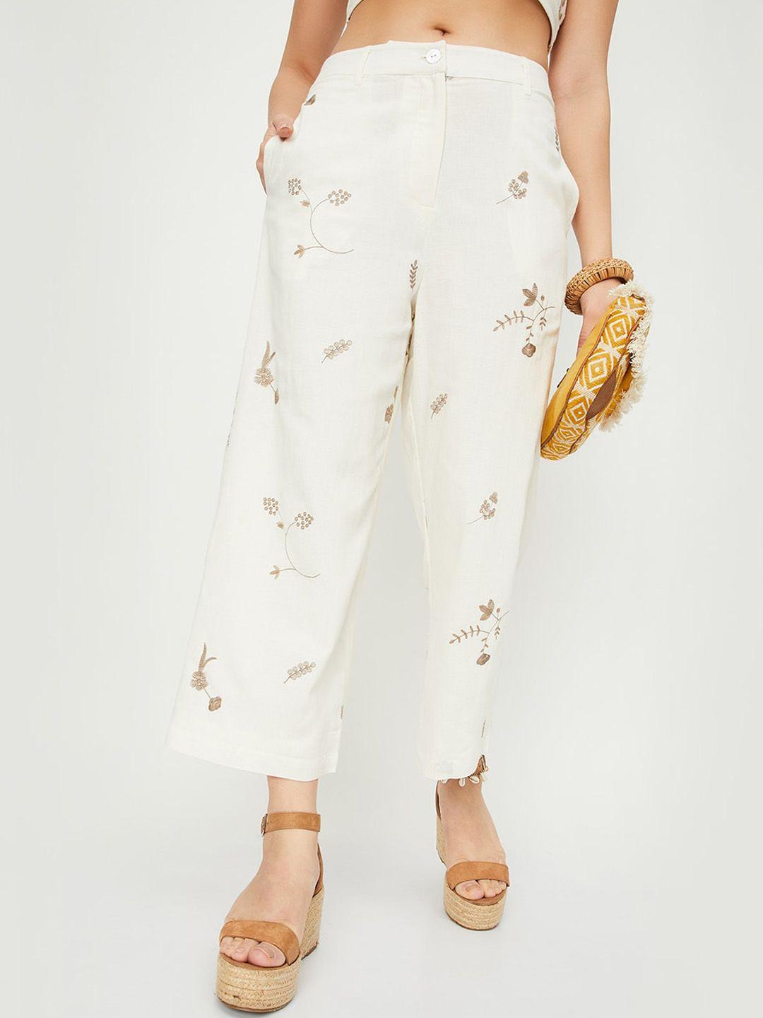 max women floral embroidered parallel trousers