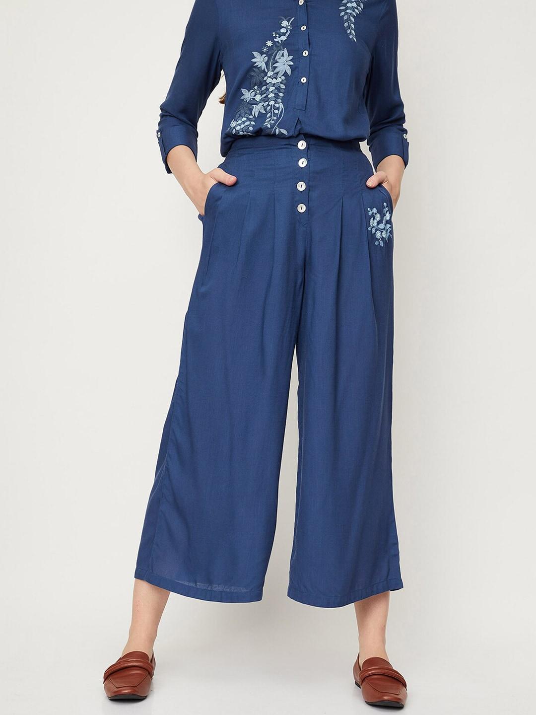 max women floral embroidered pleated parallel trousers