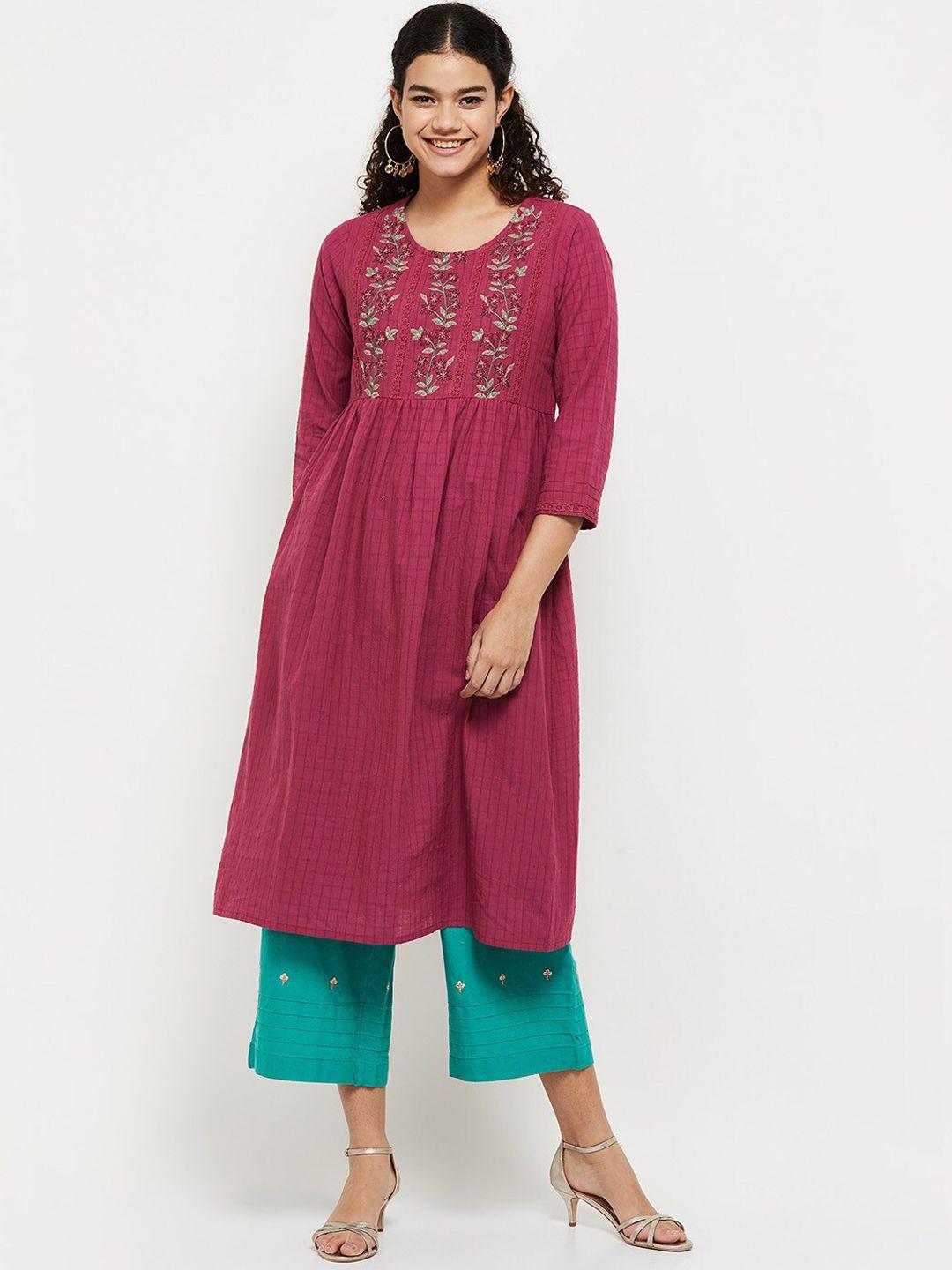 max women fuchsia floral embroidered thread work kurta