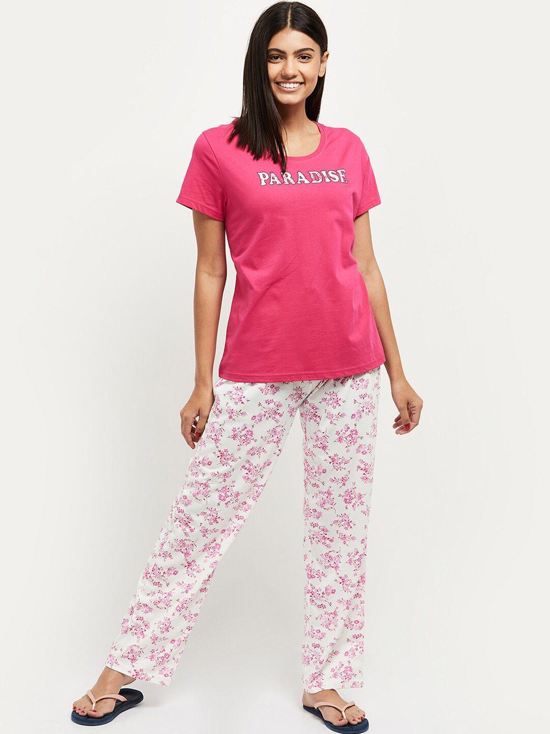 max women fuchsia pink & white printed cotton night suit