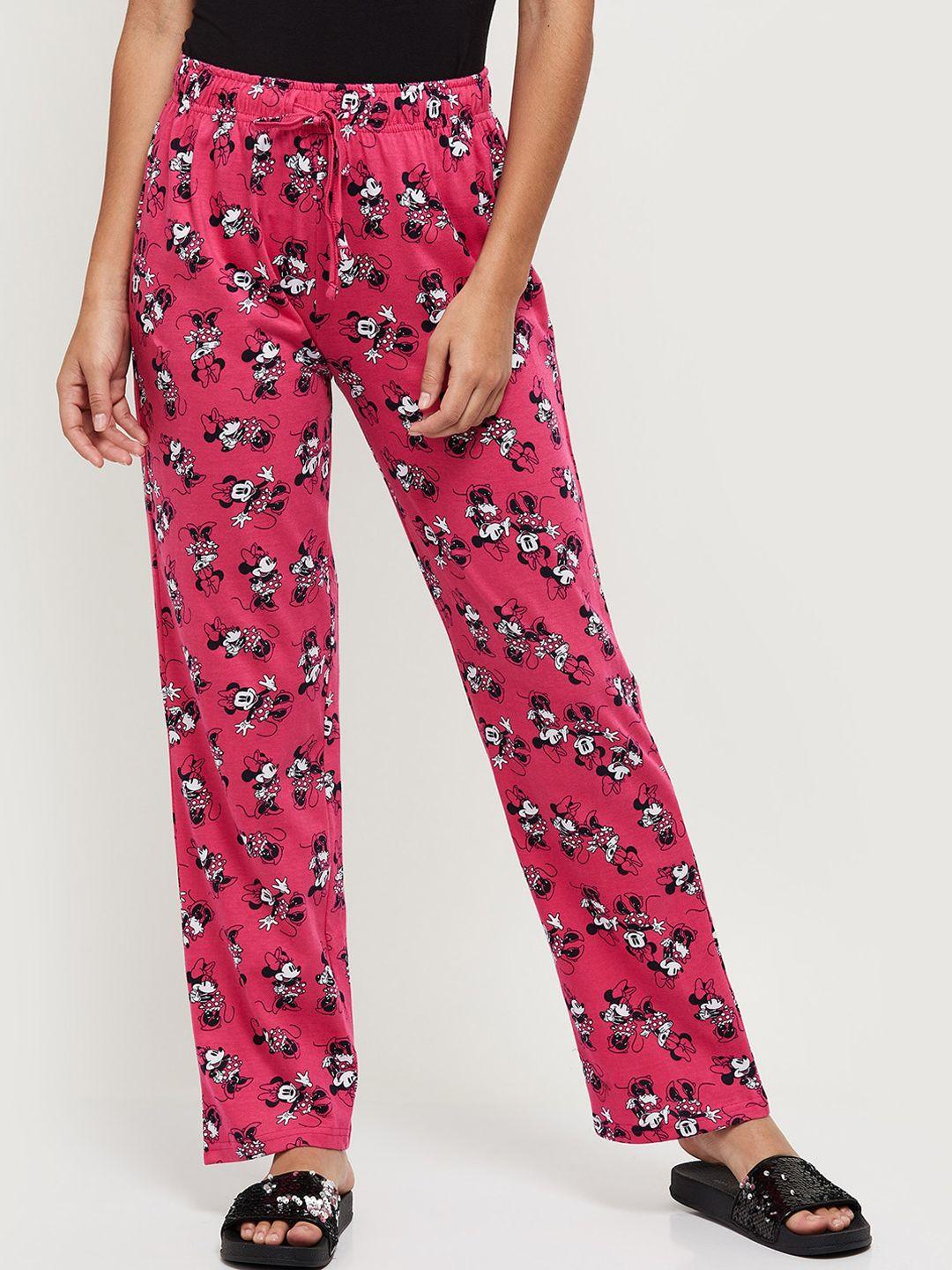 max women fuchsia-pink minnie mouse printed cotton lounge pants