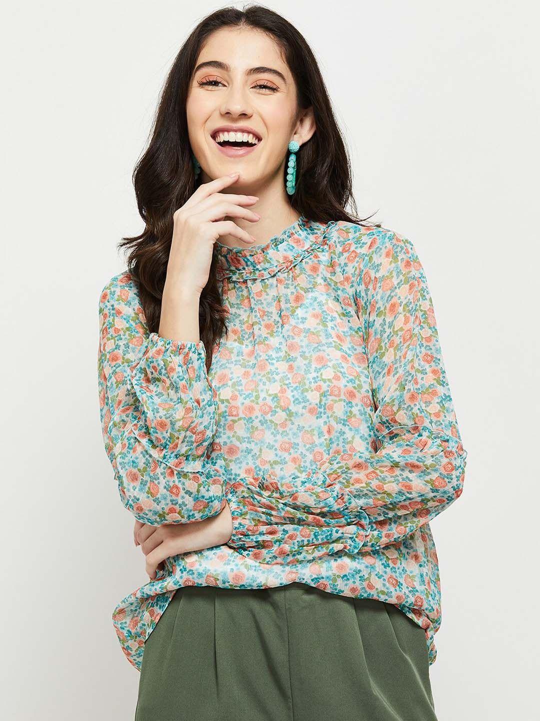 max women green & pink floral printed polyester high neck top