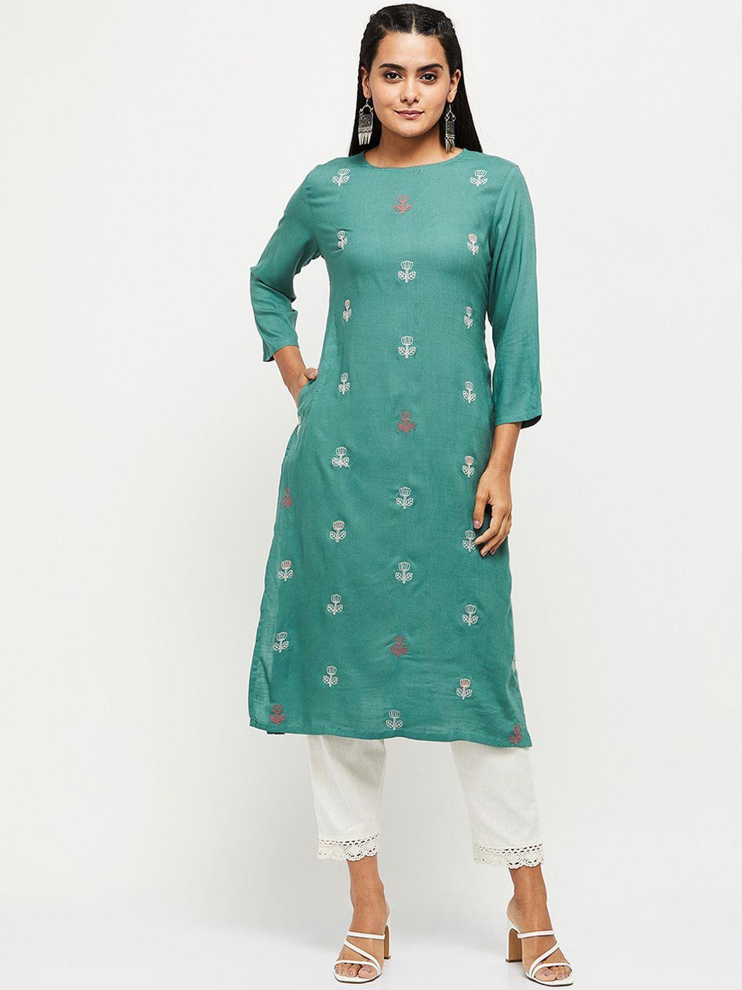 max women green ethnic motifs embroidered kurta