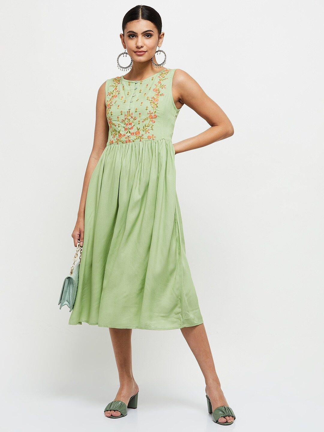 max women green floral embroidered midi dress