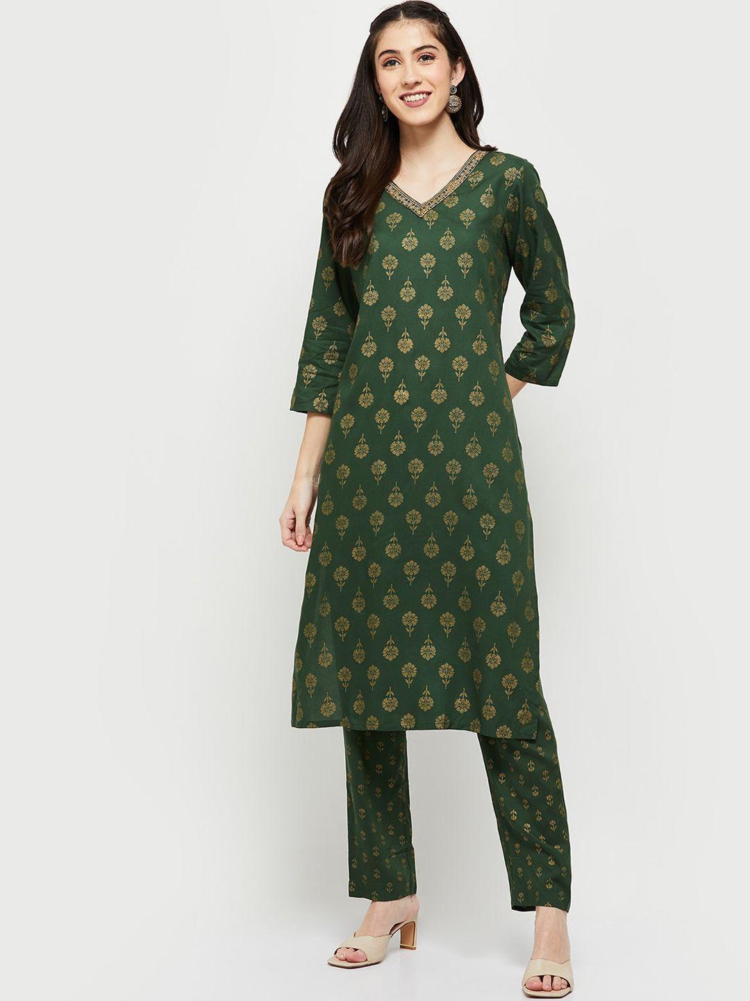 max women green floral printed kurta with trousers