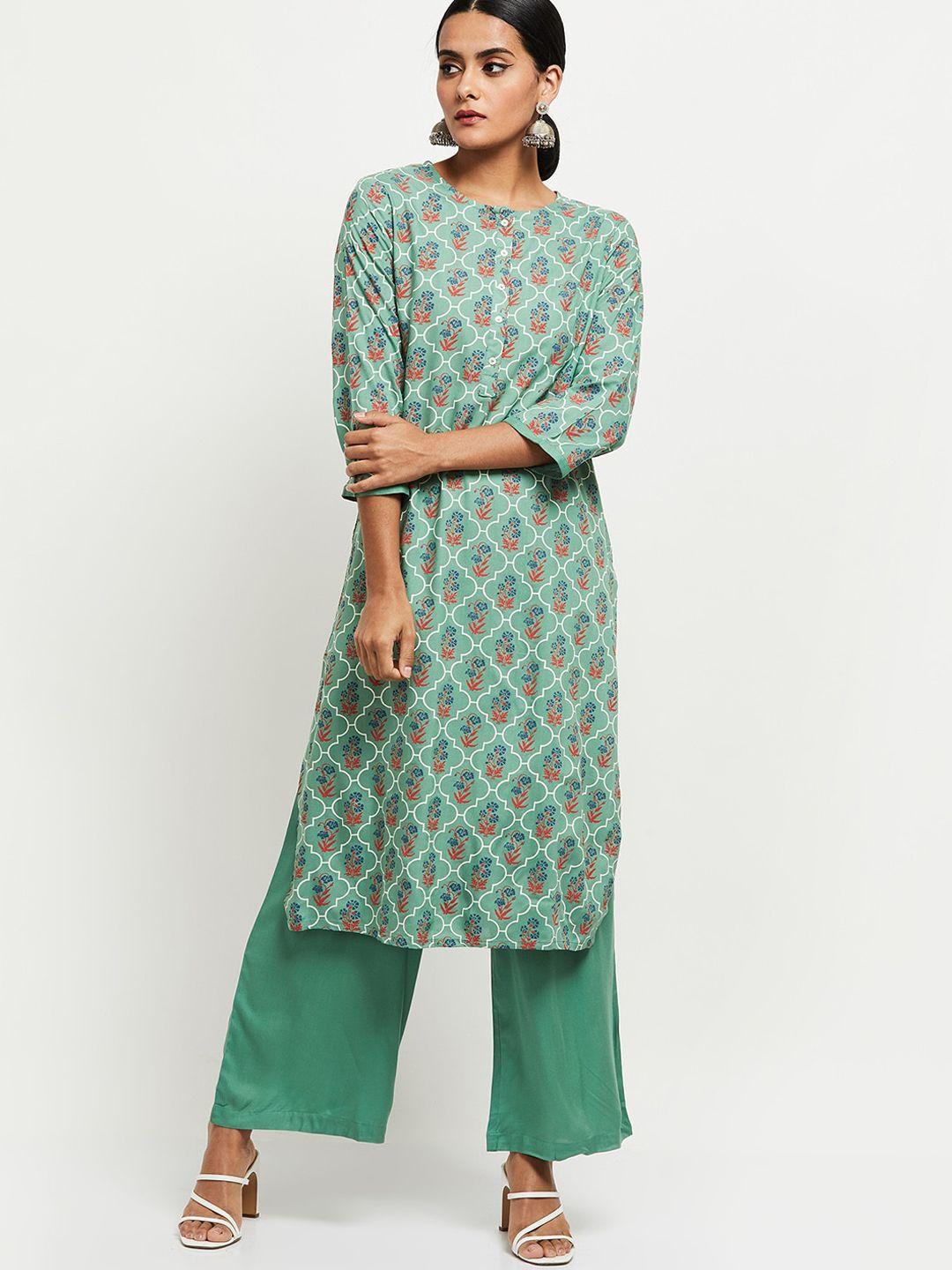 max women green floral printed layered kurta with palazzos