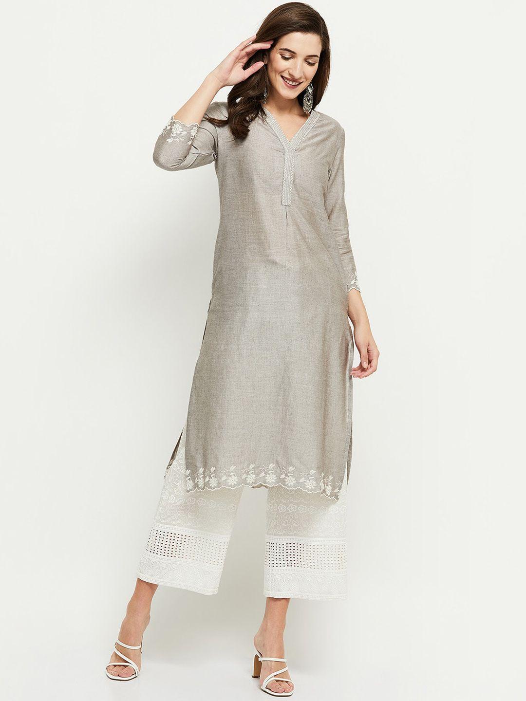 max women grey & white thread work kurta