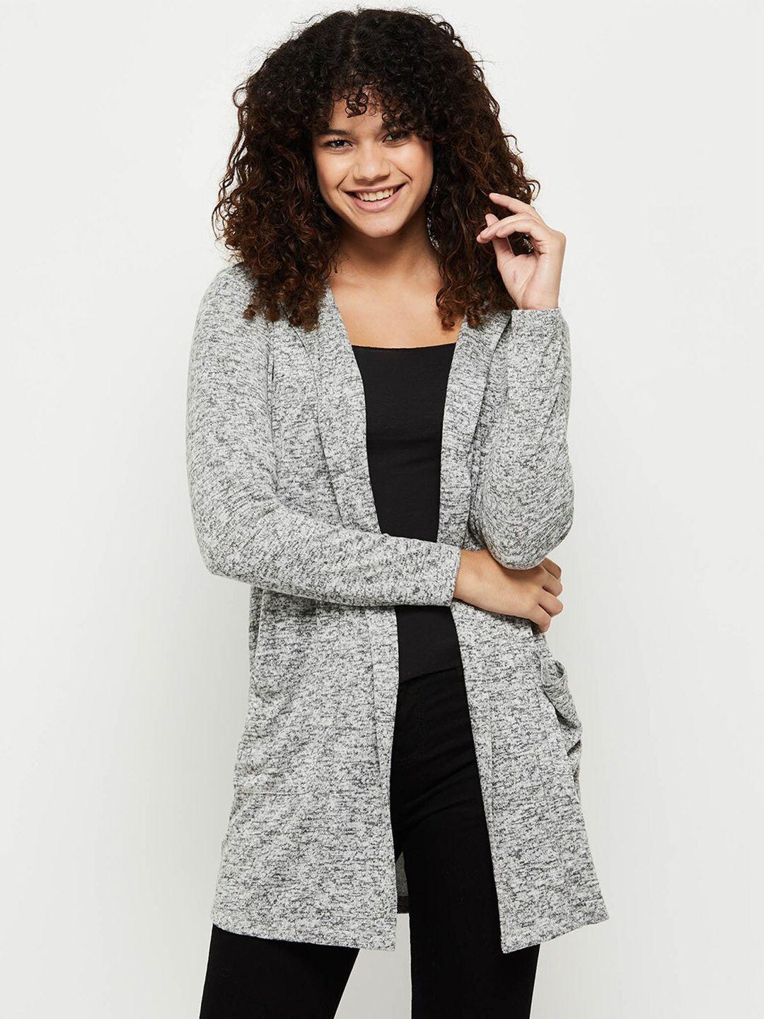 max women grey melange solid longline shrug