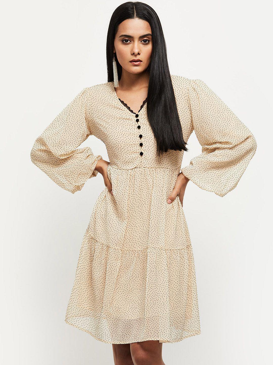 max women ivory  puff sleeves with v-neck dress