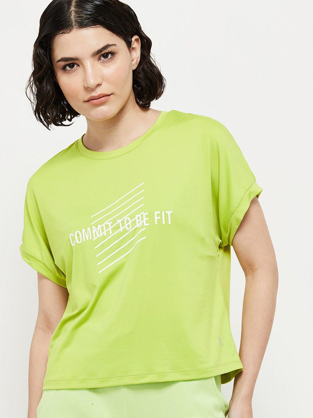 max women lime green typography printed v-neck extended sleeves t-shirt