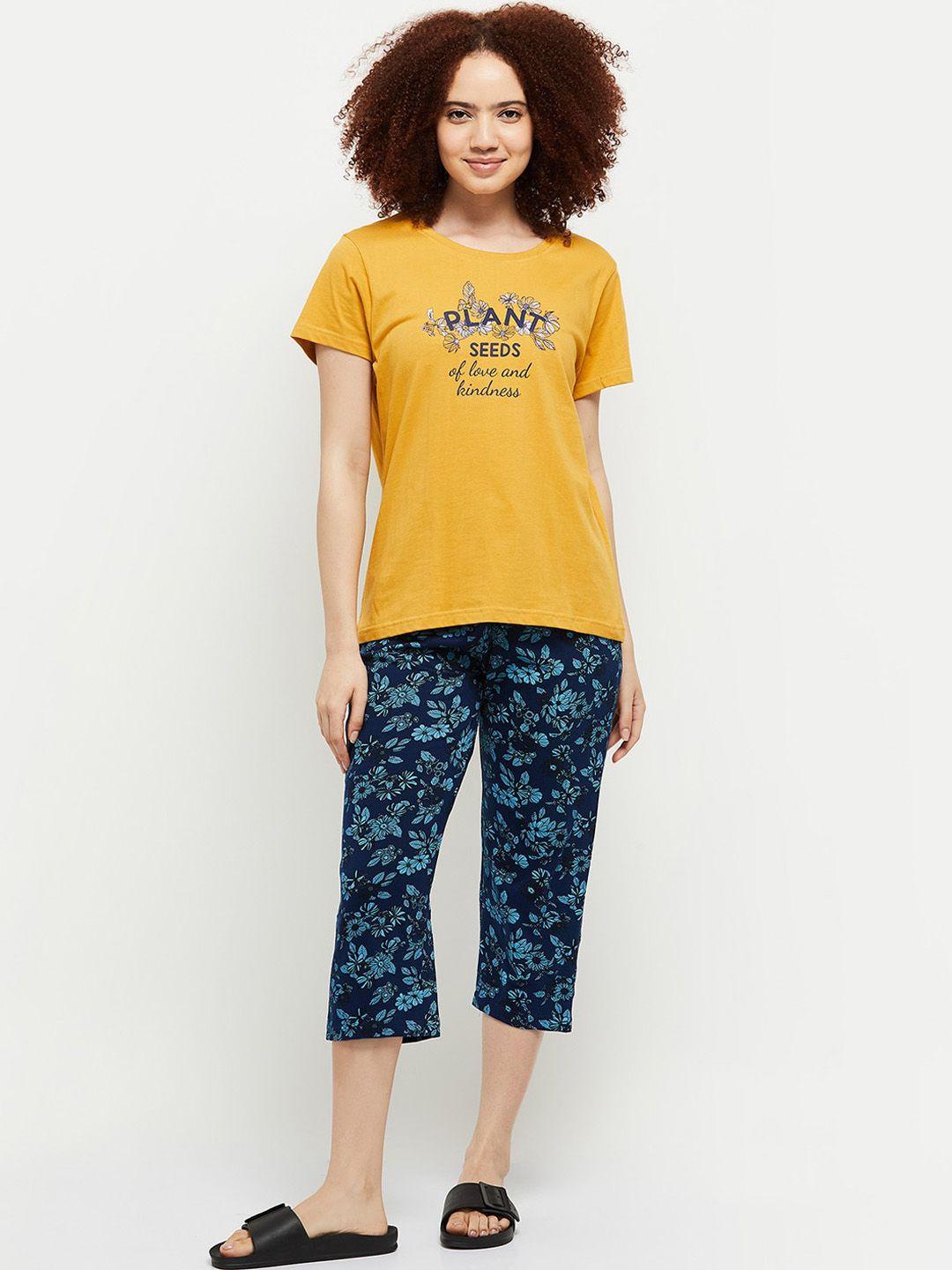 max women mustard & blue printed night suit