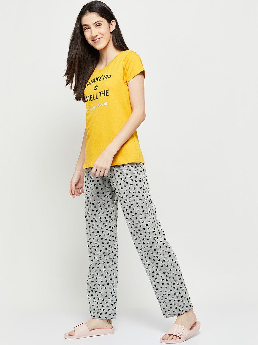 max women mustard & grey printed night suit