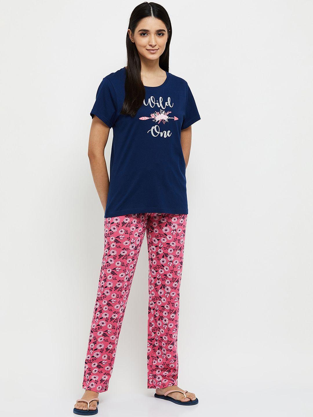max women navy blue & pink floral printed night suit