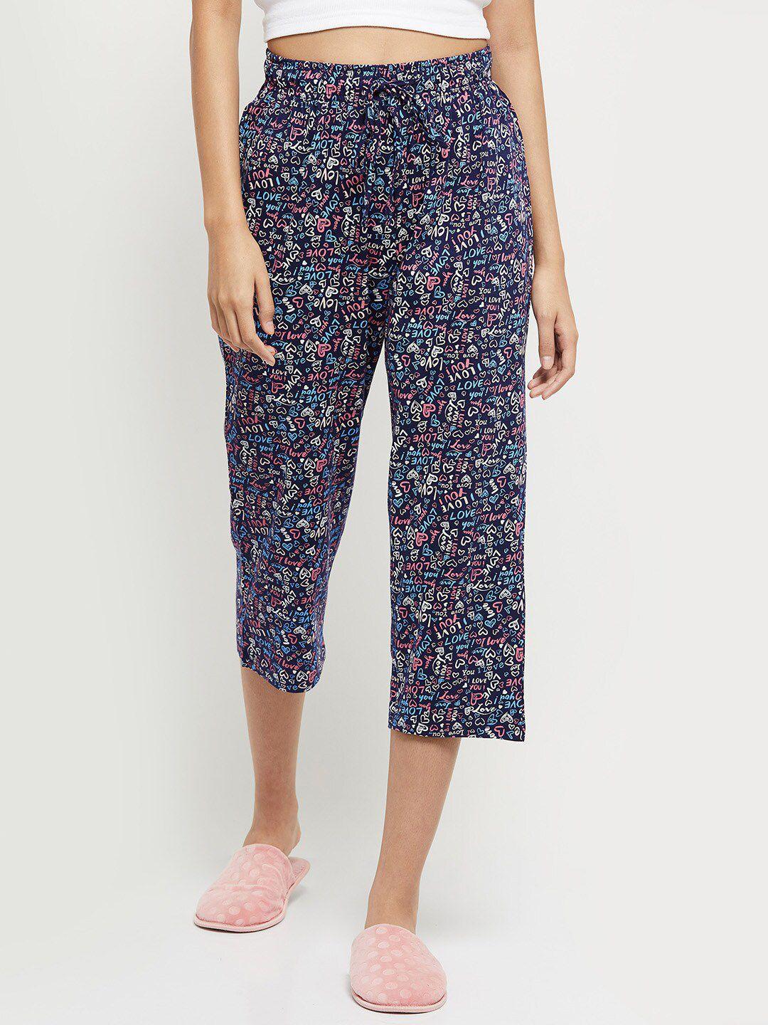 max women navy blue & pink printed cotton capri lounge pants