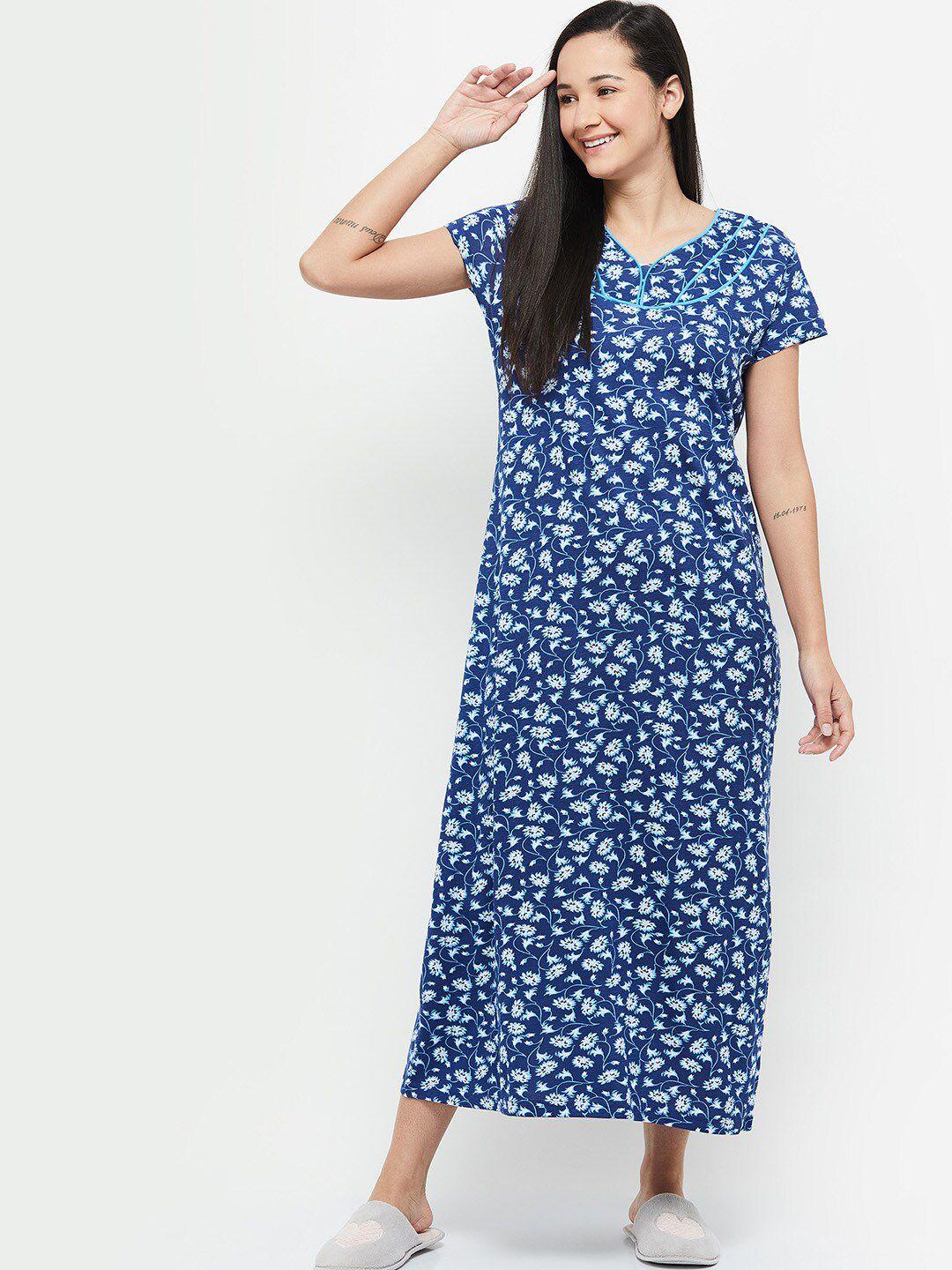 max women navy blue & white floral printed cotton maxi nightdress