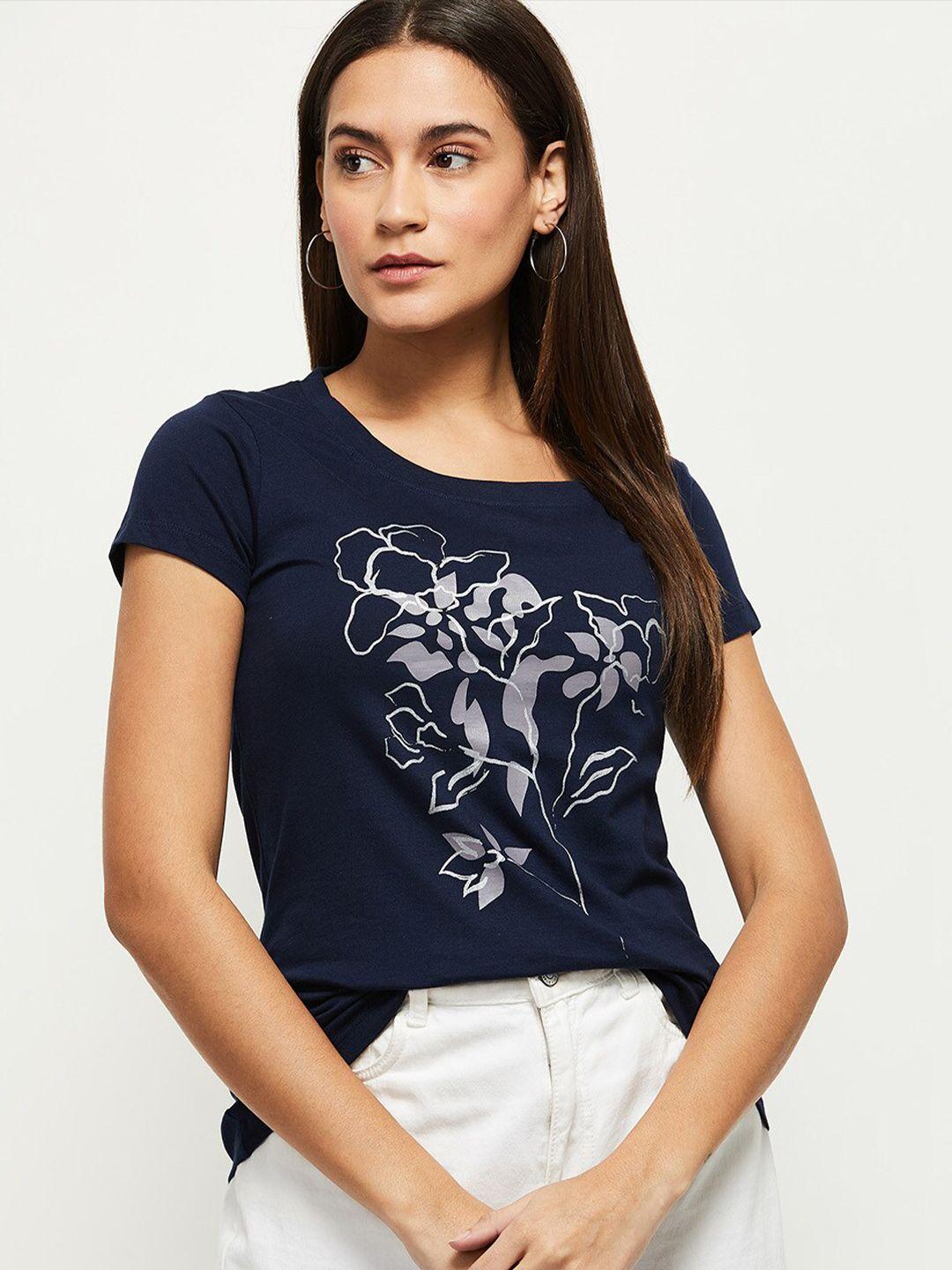 max women navy blue printed pure cotton t-shirt