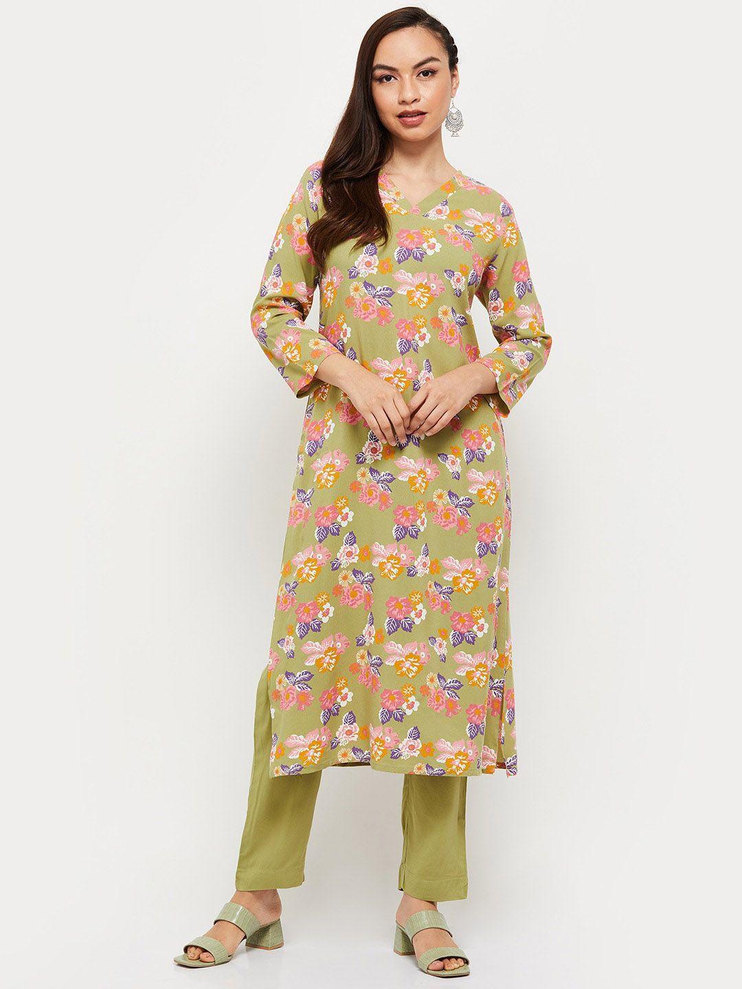 max women olive green & pink floral printed kurta with trousers