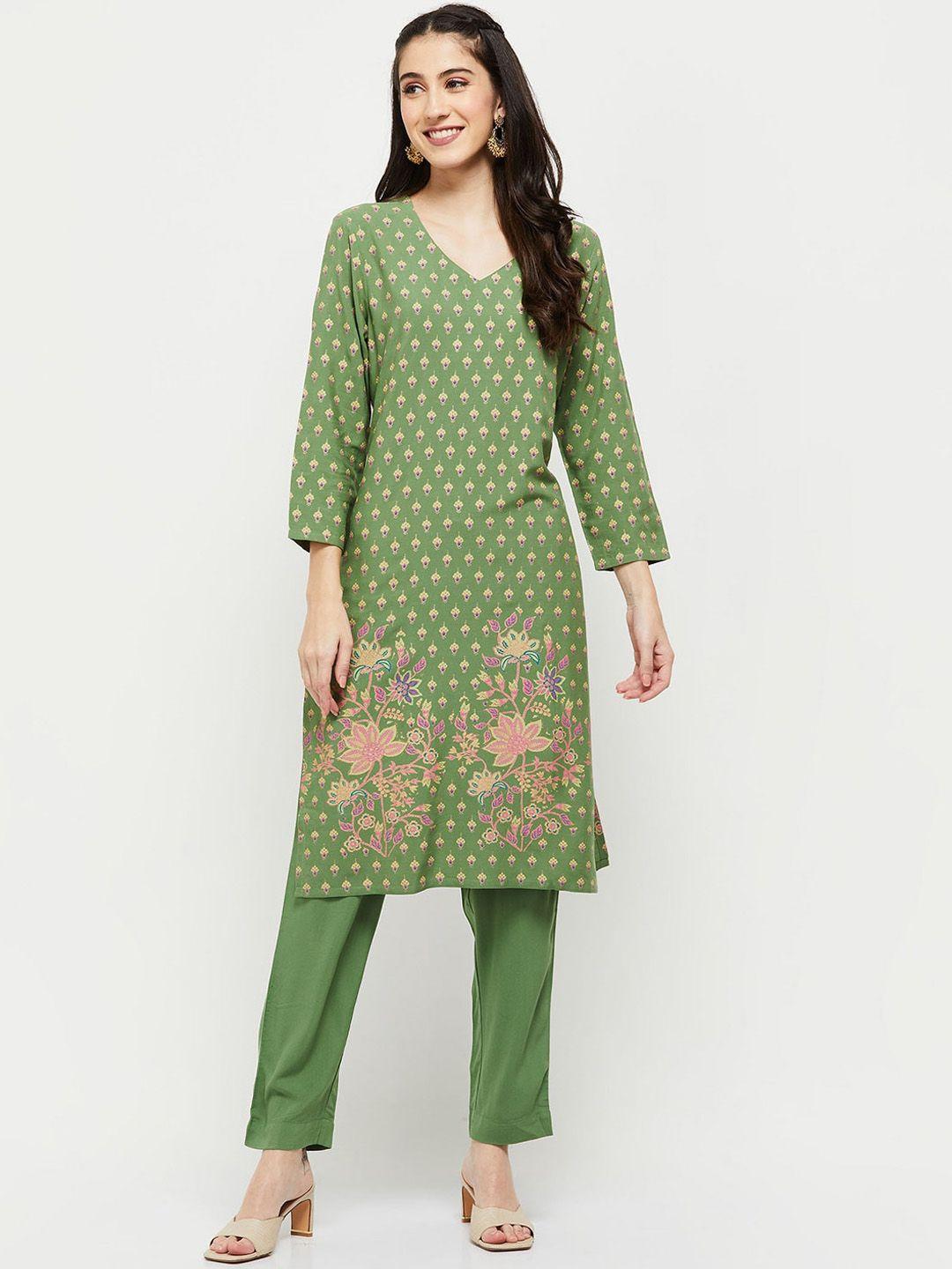 max women olive green floral printed kurta with trousers