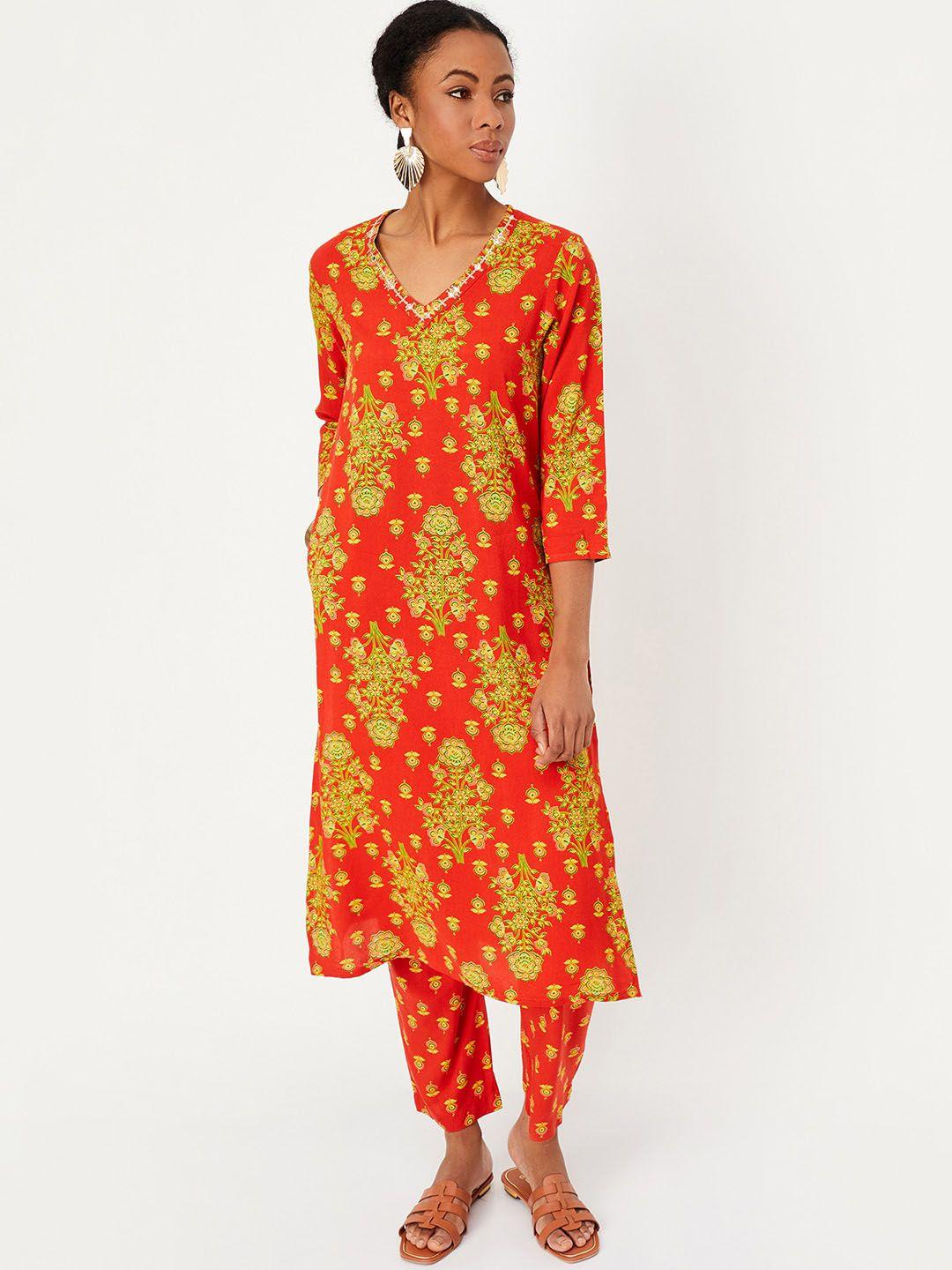 max women orange ethnic motifs printed regular kurta with trousers