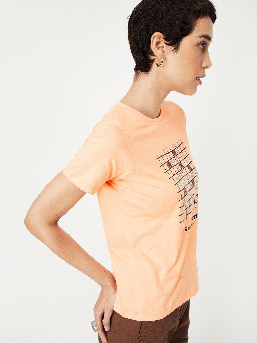 max women orange printed v-neck cut outs t-shirt