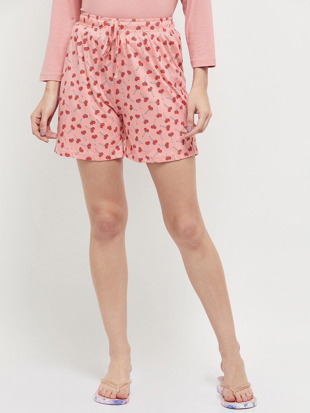 max women peach-coloured & red printed lounge shorts