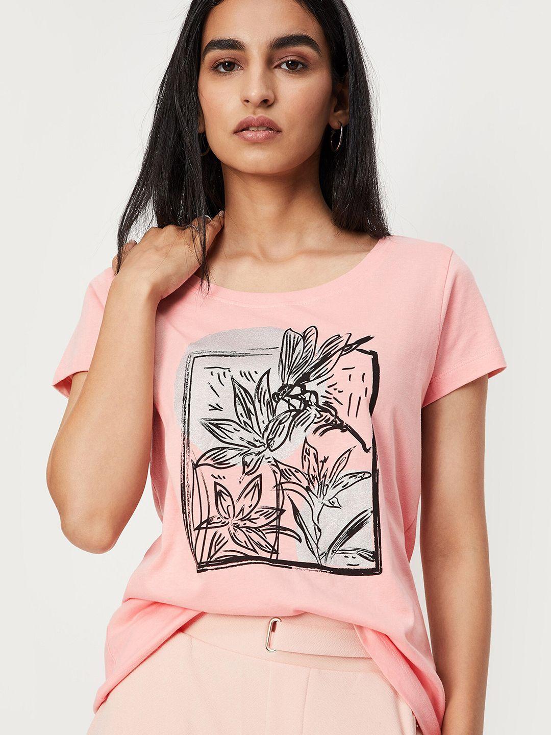 max women peach floral printed round neck cotton t-shirt