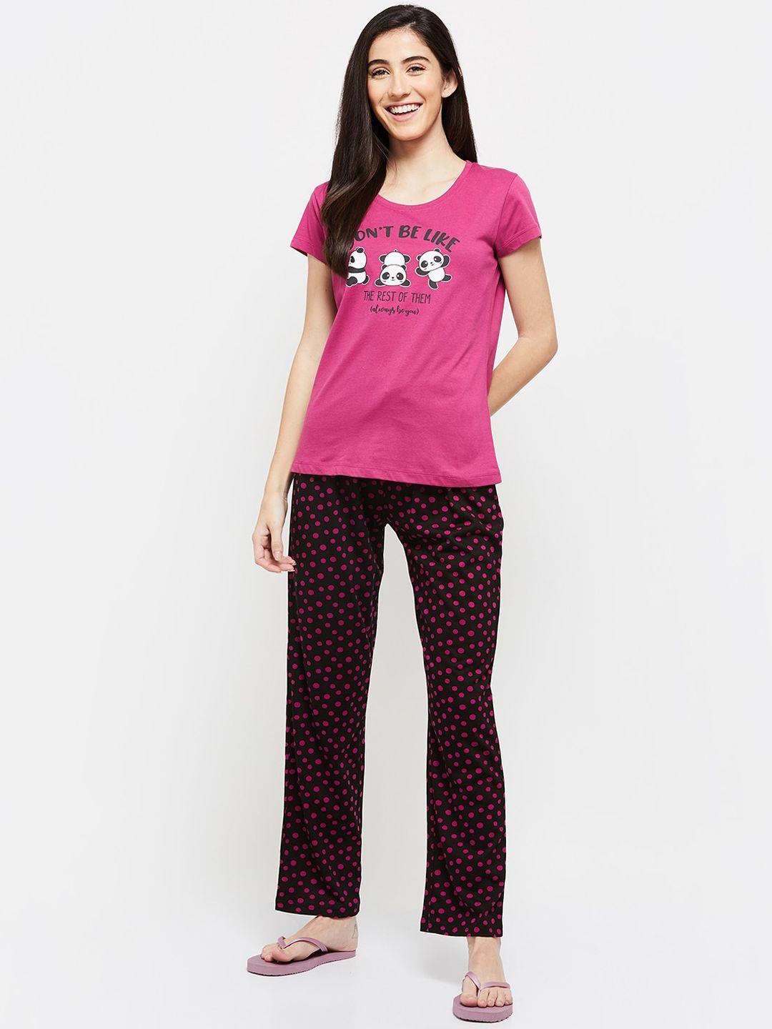 max women pink & black pure cotton printed night suit