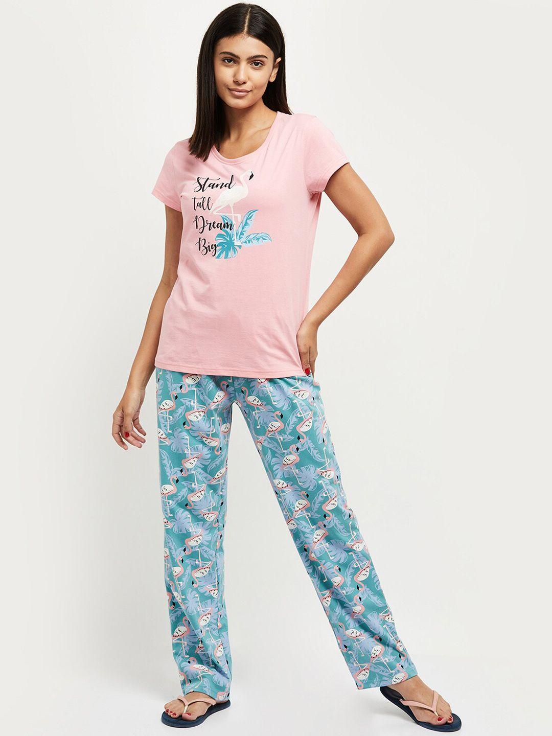 max women pink & blue printed cotton night suit