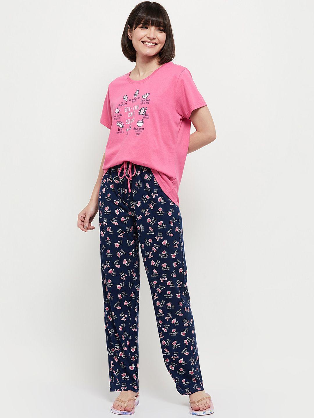 max women pink & navy blue printed night suit