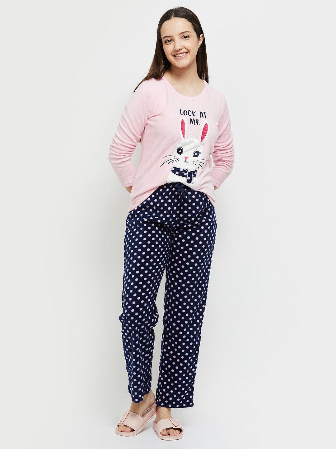 max women pink & navy blue printed night suit