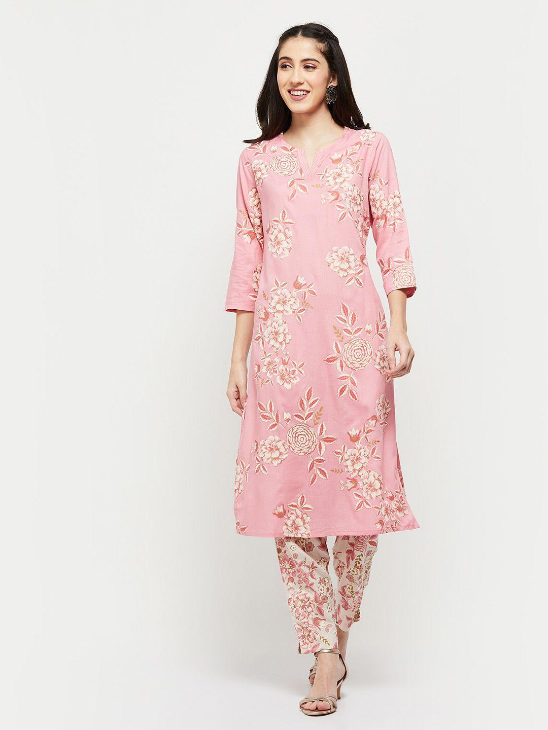 max women pink floral printed kurta with trousers